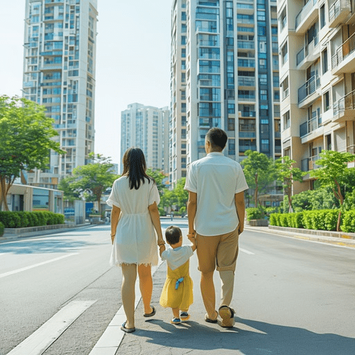 주거 부동산 투자에 성공한 가족이 아파트 단지 사이로 걸어가는 모습.