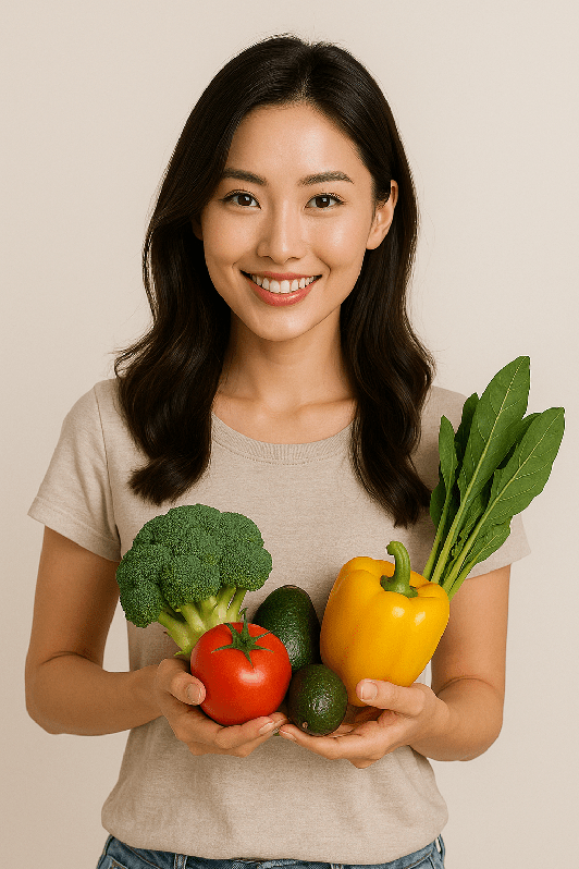 건강한 식재료를 들고 미소지소 있는 30대 여성