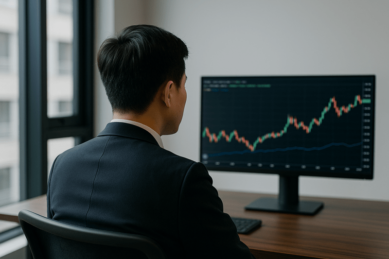 주식 단타 투자자가 사무실에서 모니터를 바라보고 있다.