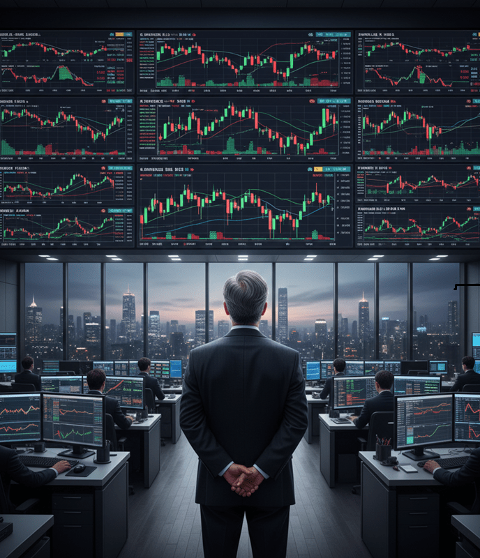 정석투자자 강방천과 같은 장기투자자가 대형 투자회사의 전광판을 바라보고 있는 뒷모습