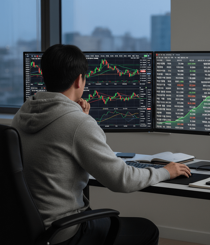 대왕개미 홍인기와 같은 단타 투자자의 뒷모습. 모니터의 차트를 보고 있는 모습.