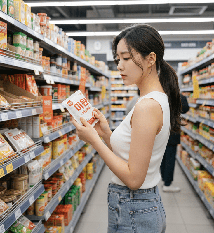 MSG 유해성 논란에 식료품 가게에서 미원을 들고 고민중인 한국인 여성.