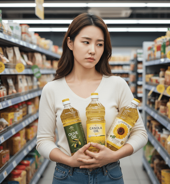 식용유 티어를 고민하며 세가지 오일을 들고있는 한국인 여성. 마트에서.