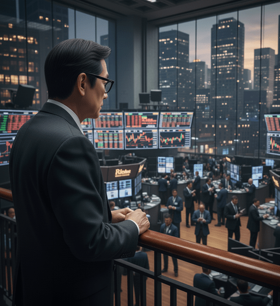 이채원 장기 투자자와 같은 정석 투자자가 주식 거래소를 바라보고 있는 모습